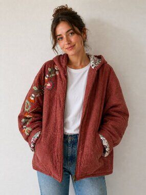 Boho Quilted Embroidered Floral Hoodie Jacket Coat Rust Indie Hippie Large